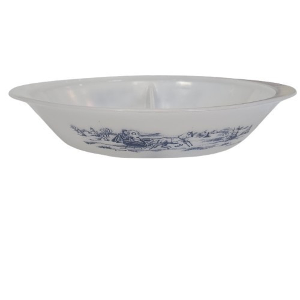 Vintage Glasbake Courier & Ives‎ Milk Glass Divided Split Dish J-2352